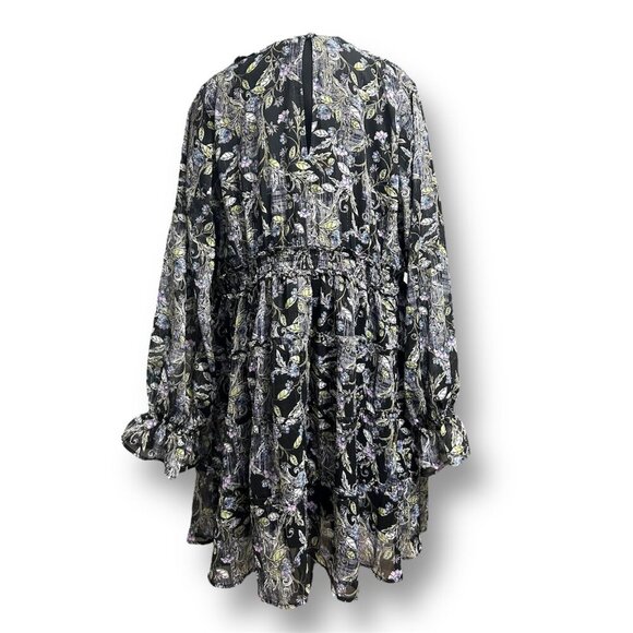 Torrid 3X Floral Black Chiffon Tiered Dress Mini Lurex Long Sleeve Boho V-Neck - Picture 6 of 10